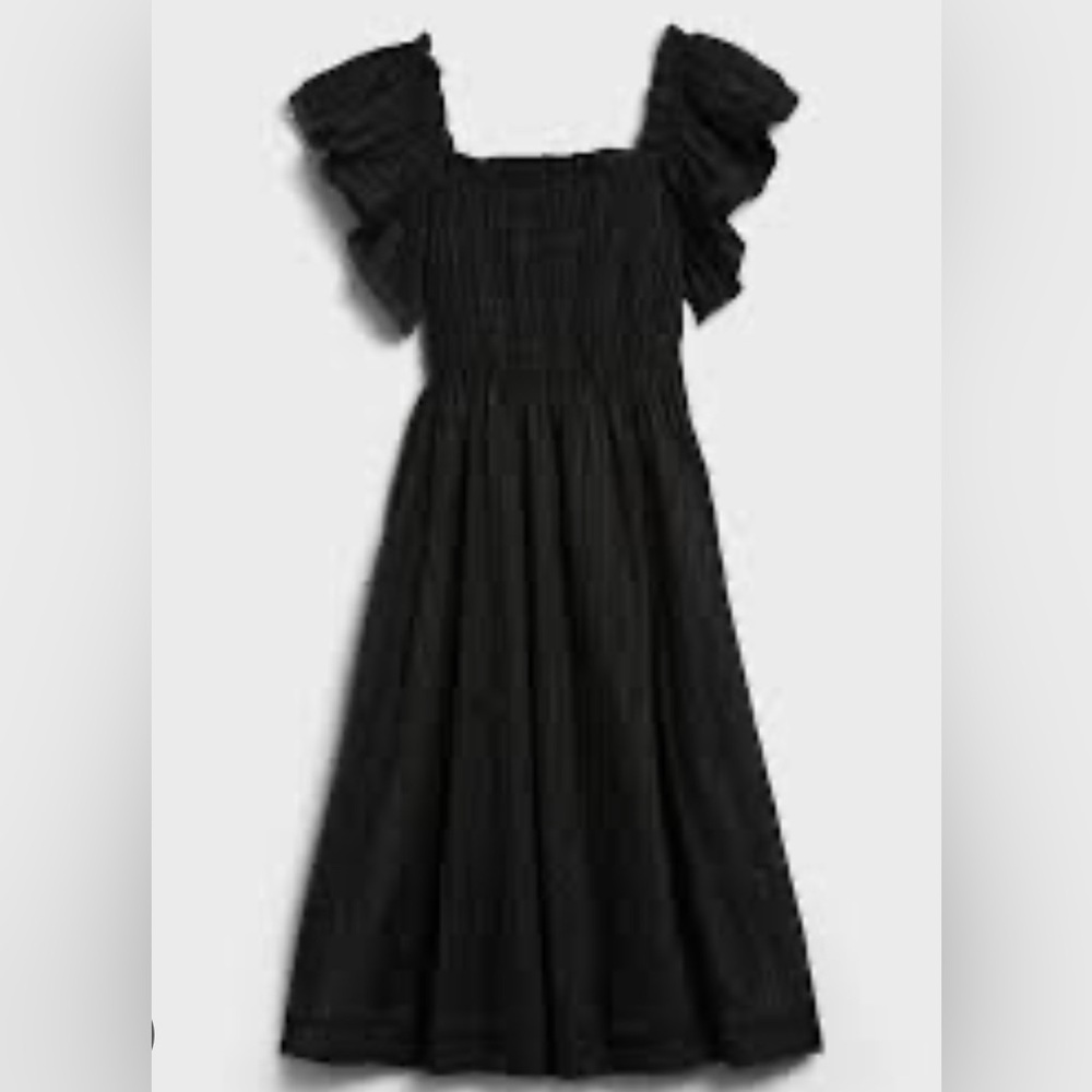 Banana Republic SMOCKED RUFFLE MIDI BLACK DRESS